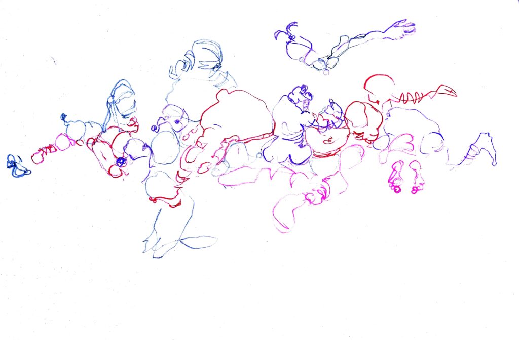 Abstract coloured ink drawings inspired by contact improvisation showing intertwined bodies in dynamic weight sharing movement and composition