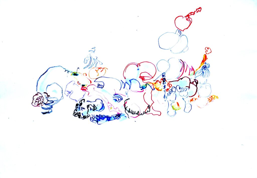 Abstract coloured ink drawings inspired by contact improvisation showing intertwined bodies in dynamic weight sharing movement and composition