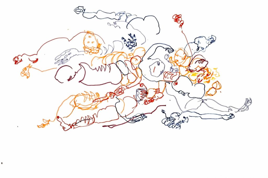 Abstract coloured ink drawings inspired by contact improvisation showing intertwined bodies in dynamic weight sharing movement and composition