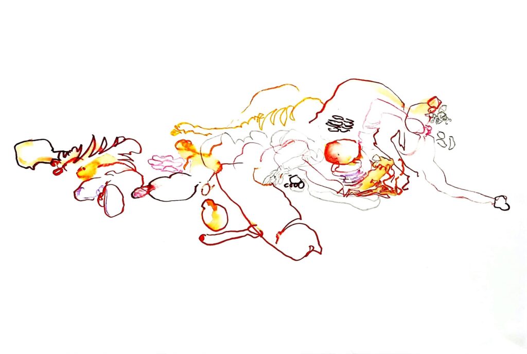 Abstract coloured ink drawings inspired by contact improvisation showing intertwined bodies in dynamic weight sharing movement and composition