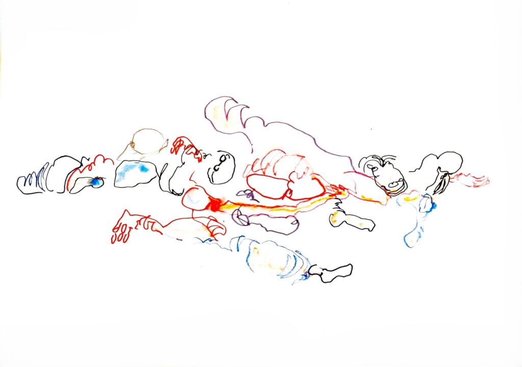 Abstract coloured ink drawings inspired by contact improvisation showing intertwined bodies in dynamic weight sharing movement and composition