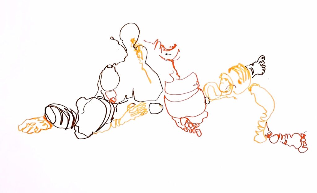 Abstract coloured ink drawings inspired by contact improvisation showing intertwined bodies in dynamic weight sharing movement and composition