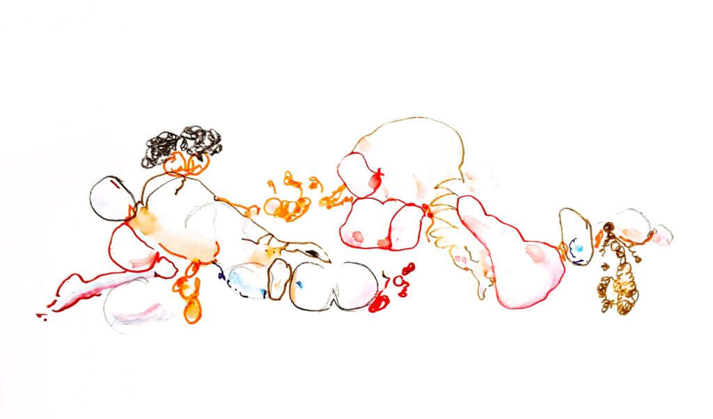 Abstract coloured ink drawings inspired by contact improvisation showing intertwined bodies in dynamic weight sharing movement and composition