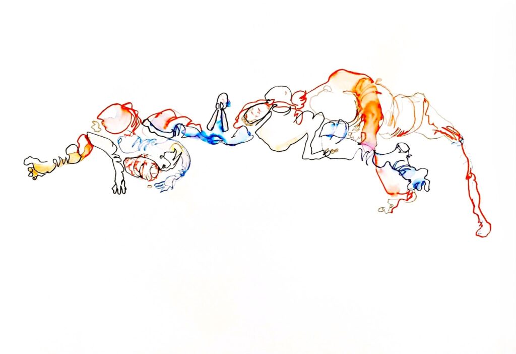 Abstract coloured ink drawings inspired by contact improvisation showing intertwined bodies in dynamic weight sharing movement and composition