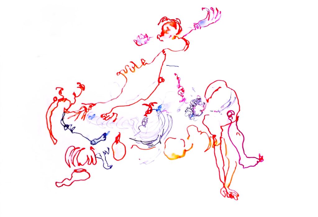 Abstract coloured ink drawings inspired by contact improvisation showing intertwined bodies in dynamic weight sharing movement and composition