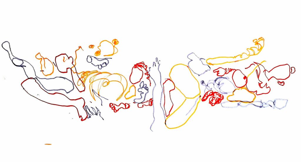 Abstract coloured ink drawings inspired by contact improvisation showing intertwined bodies in dynamic weight sharing movement and composition