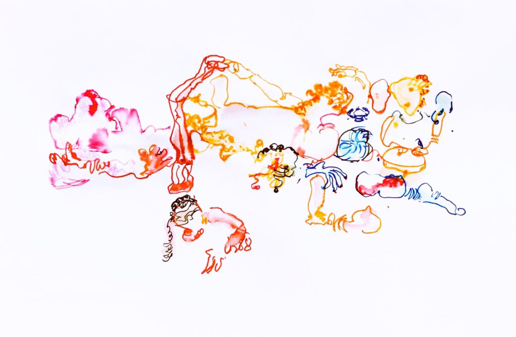 Abstract coloured ink drawings inspired by contact improvisation showing intertwined bodies in dynamic weight sharing movement and composition