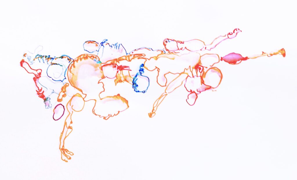Abstract coloured ink and wash drawings inspired by contact improvisation showing intertwined bodies in dynamic weight sharing movement and composition