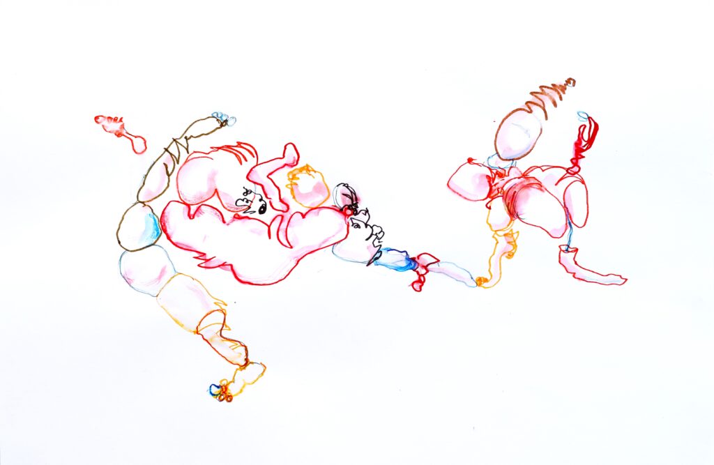 Abstract coloured ink drawings inspired by contact improvisation showing intertwined bodies in dynamic weight sharing movement and composition